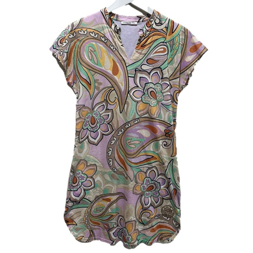Feraud Paris Women's Small Split Neck Cap‎ Sleeve Paisley Dress Pastel Retro